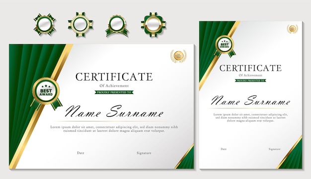 conjunto de iconos de premio combinado de plantilla de diseño de certificado de tema verde dorado de lujo