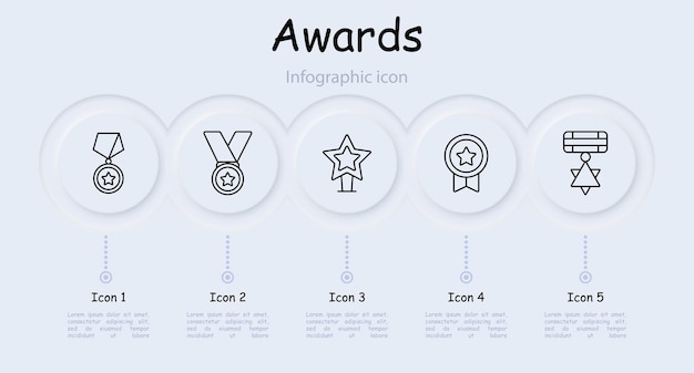Conjunto de iconos premios Medalla concurso de podio primer lugar insignia estrella insignia orden recompensa por el trabajo competencia laurel honor pin honor infográfico concepto de premios