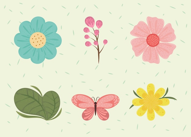 conjunto de iconos de primavera de mariposa de flores