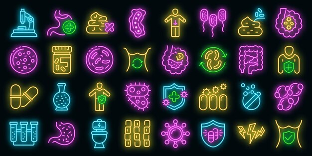 Conjunto de iconos de probióticos. Esquema conjunto de iconos de vector de probióticos color neón en negro