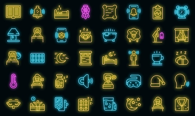 Conjunto de iconos de problemas de sueño. esquema conjunto de iconos de vector de problemas de sueño color neón en negro