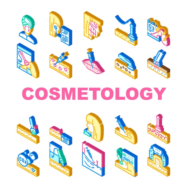 Vector conjunto de iconos de procedimiento de tratamiento de cosmetología limpieza facial compleja vectorial y zonas de rejuvenecimiento de mesoterapia cosmetología terapia de microdermoabrasión levantamiento de piel facial signo isométrico ilustraciones en color