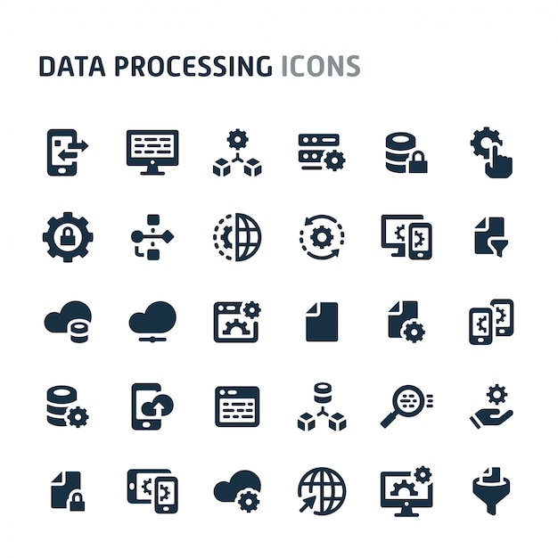 Conjunto de iconos de procesamiento de datos. Fillio Black Icon Series.