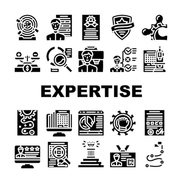 Conjunto de iconos de procesamiento de negocios de experiencia Calendario de experiencia de liderazgo y empleados de habilidad vectorial con informe de trabajo realizado e informes Pictogramas de glifo de logro de objetivos Ilustraciones negras