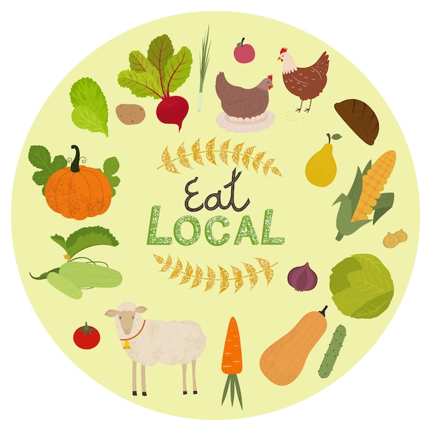 Conjunto de iconos de producción orgánica local. Ilustración aislada de animales de granja, frutas y verduras.