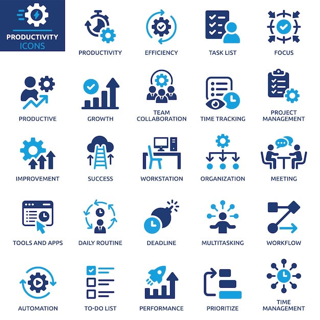 Conjunto de iconos de productividad Contener enfoque de tareas de eficiencia proyecto de rutina de crecimiento de flujo de trabajo multitarea