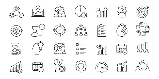 Conjunto de iconos de Productividad y Eficiencia Foco de flujo de trabajo crecimiento productivo Ilustración vectorial