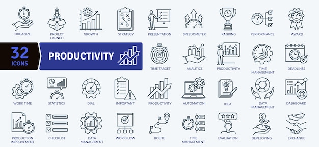 Conjunto de iconos de productividad y gestión empresarial 32 ilustraciones de líneas profesionales