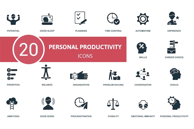 El conjunto de iconos de productividad personal contiene iconos editables