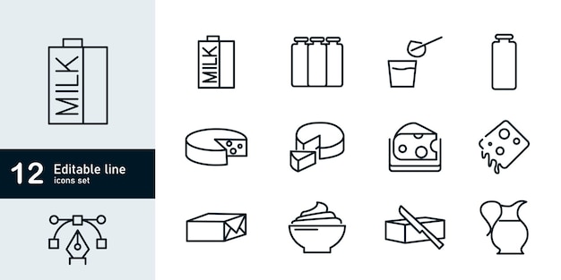 Conjunto de íconos de productos lácteos y lácteas