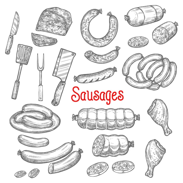 Conjunto de iconos de productos de salchicha de carne de dibujo vectorial