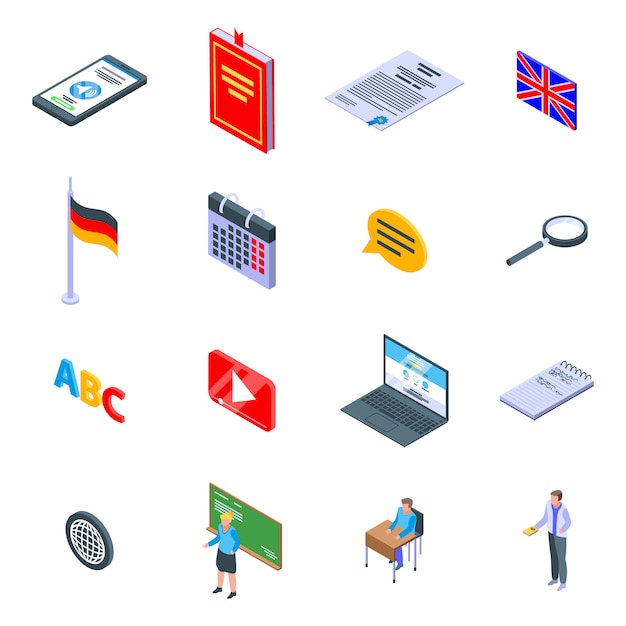 Conjunto de iconos de profesor de idioma extranjero, estilo isométrico