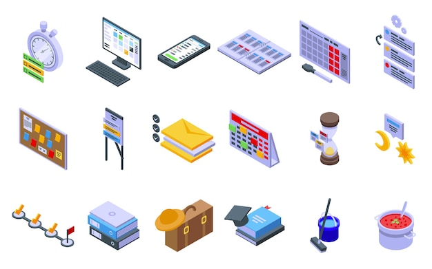 Conjunto de iconos de programación de tareas. Conjunto isométrico de iconos de vector de horario de tareas para diseño web aislado sobre fondo blanco