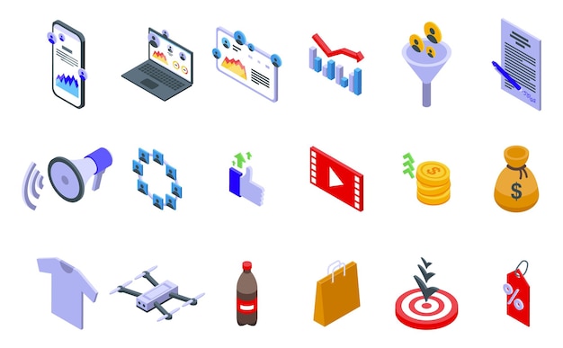 Conjunto de iconos de programas de afiliados vector isométrico mercadotecnia del cliente cliente de la empresa de la red
