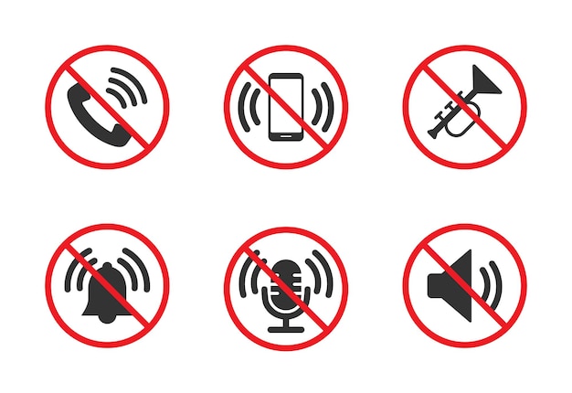 Conjunto de iconos prohibidos de sonido Iconos de modo silencioso Colección de señales de prohibición Sin símbolos de sonido Ilustración vectorial