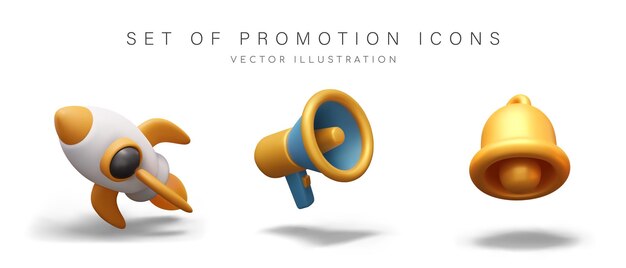 Conjunto de iconos promocionales realistas en d estilo cohete espacial en vuelo megáfono campana de oro