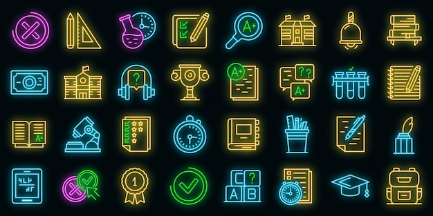 Conjunto de iconos de prueba escolar. Esquema conjunto de iconos de vector de prueba escolar color neón en negro