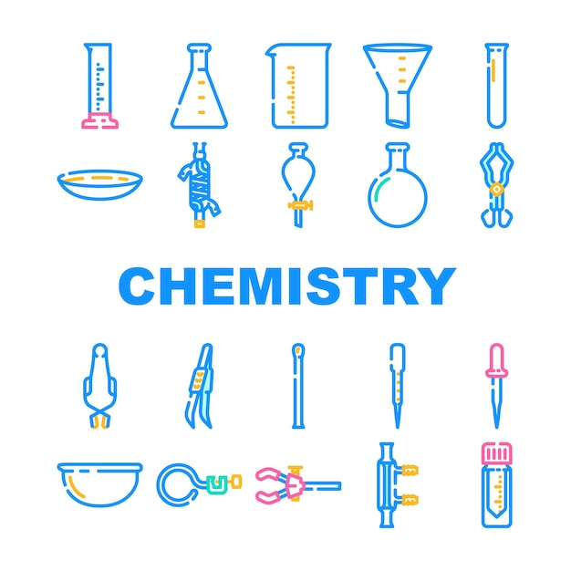 Conjunto de iconos de prueba de matraz de laboratorio de química equipo de ciencia vectorial laboratorio de vidrio de biología medicina médica experimento de tubo químico prueba de matraz de laboratorio de química ilustraciones de contorno negro