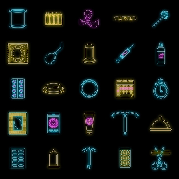 Conjunto de iconos de prueba oral de la píldora anticonceptiva de día Ilustración general de 25 iconos vectoriales de prueba oral de la píldora anticonceptiva de día color neón en negro