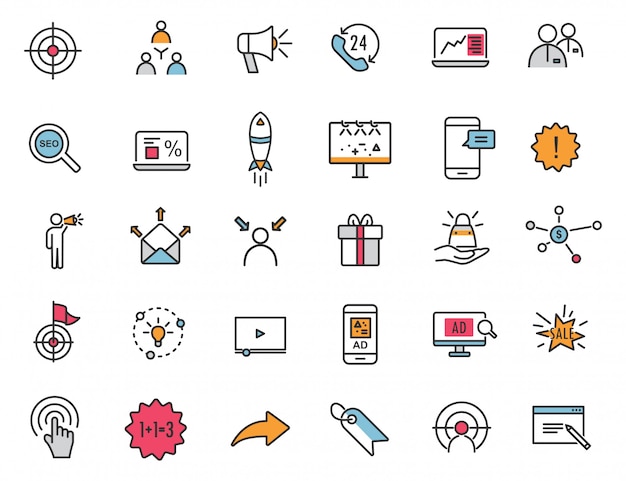 Conjunto de iconos de publicidad lineal Iconos de marketing