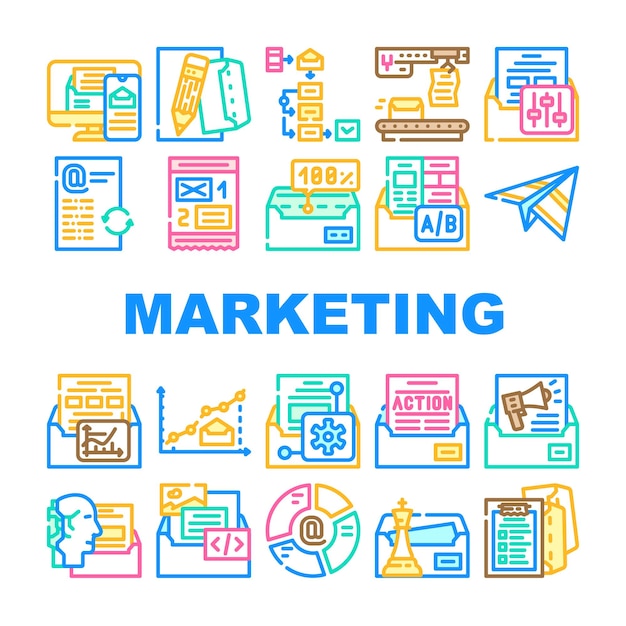 Conjunto de iconos de publicidad y marketing por correo electrónico Ocupación de empresario de marketing por correo electrónico vectorial para enviar mensajes electrónicos al cliente con información del producto e ilustraciones en color del servicio