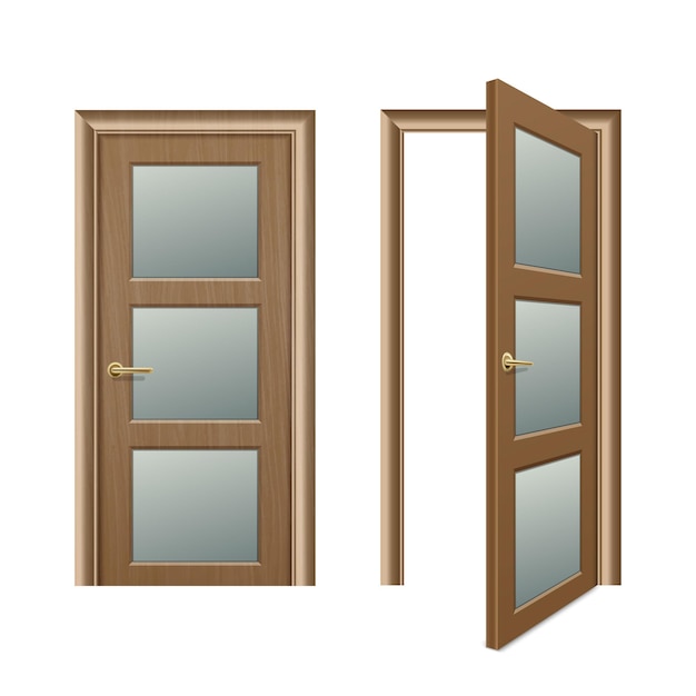 Conjunto de iconos de puerta de madera marrón abierta y cerrada diferente realista primer plano aislado