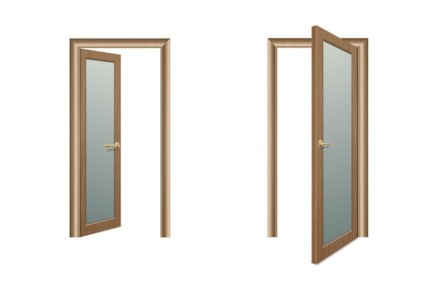 Vector conjunto de iconos de puerta de madera marrón abiertos y cerrados diferentes realistas vectoriales aislados en fondo blanco elementos de la plantilla de diseño de arquitectura de puerta de casa clásica para vista frontal de gráficos