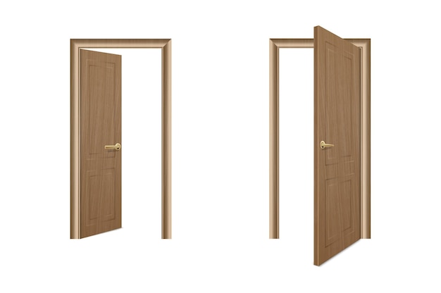 Conjunto de iconos de puerta de madera marrón abiertos y cerrados realistas vectoriales aislados en fondo blanco elementos de la plantilla de diseño de arquitectura de la puerta de casa clásica para vista frontal de gráficos