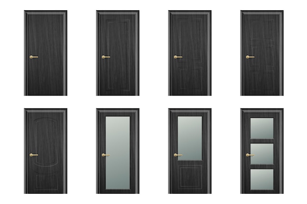 Conjunto de iconos de puerta de madera negra cerrada diferente realista vectorial Aislado sobre fondo blanco Elementos de la plantilla de diseño de arquitectura de la puerta de casa clásica para gráficos Clipart Vista frontal