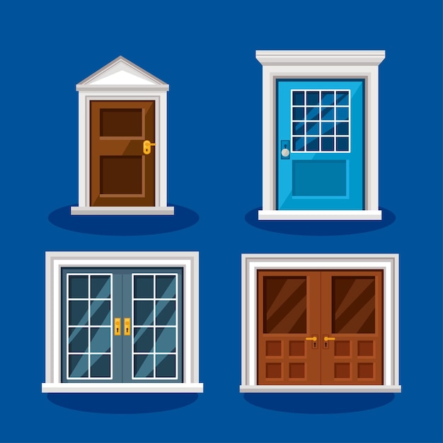 Vector conjunto de iconos de puertas delanteras sobre fondo azul.