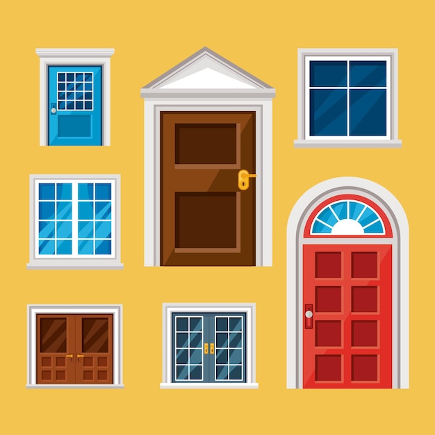 Vector conjunto de iconos de puertas y ventanas delanteras sobre fondo amarillo