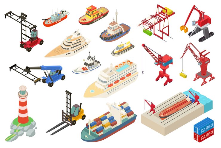 Vector conjunto de iconos de puerto marino. conjunto isométrico de iconos de puerto marino para diseño web aislado sobre fondo blanco.