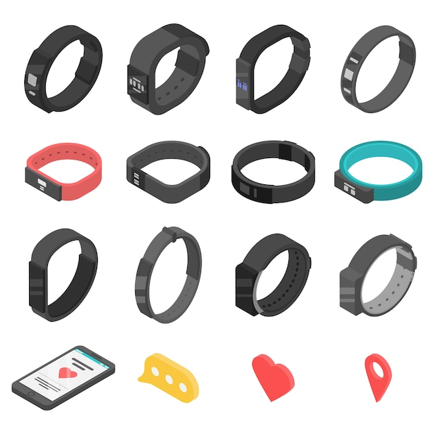 Conjunto de iconos de pulsera fitness, estilo isométrico