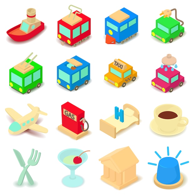 Conjunto de iconos de puntos de interés. Ilustración de dibujos animados de 16 puntos de interés iconos vectoriales para web