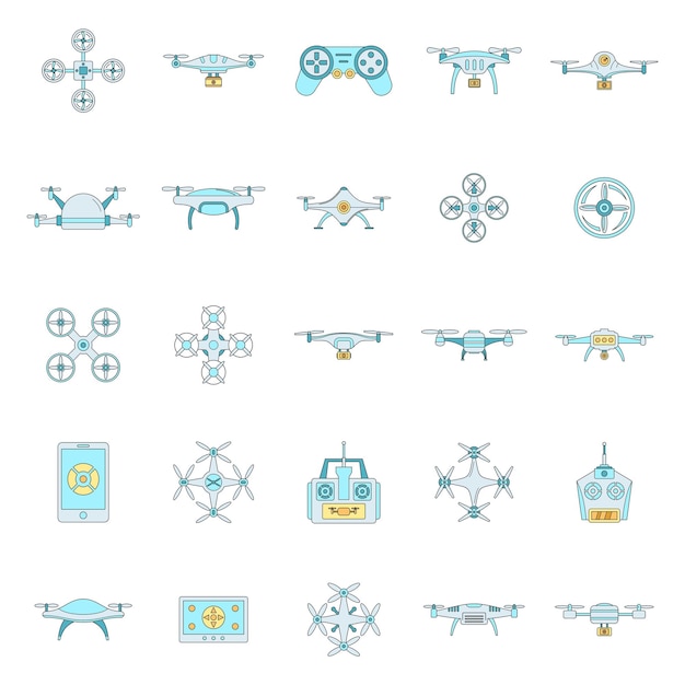 Conjunto de iconos de quadcopter de cámara de entrega de drones Ilustración general de 25 iconos vectoriales de quadcopter de cámara de entrega de drones de línea delgada de color plano en blanco