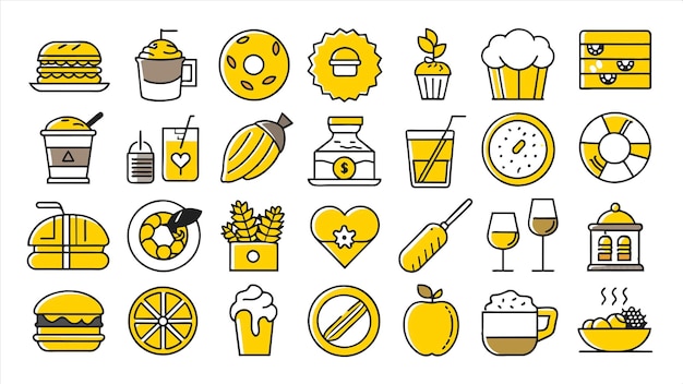 un conjunto de iconos que incluyen bebidas de frutas y comida