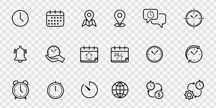 un conjunto de iconos que incluyen un reloj, una hora y un mapa del mundo