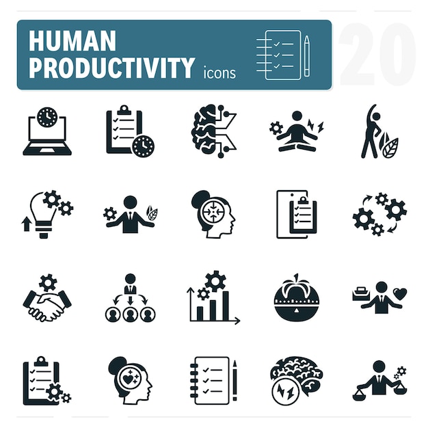 Conjunto de iconos que muestran diferentes aspectos de la productividad humana
