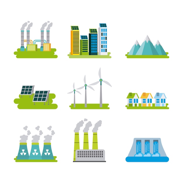 Vector conjunto de iconos que representan las energías renovables del entorno ecológico