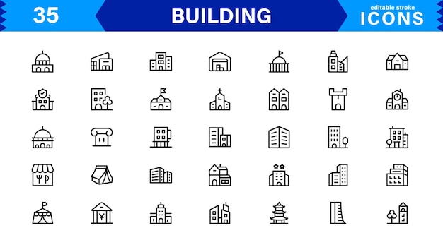 Conjunto de iconos que representan herramientas de arquitectura de construcción, planos de edificios y desarrollo urbano en formato vectorial de descarga sencilla