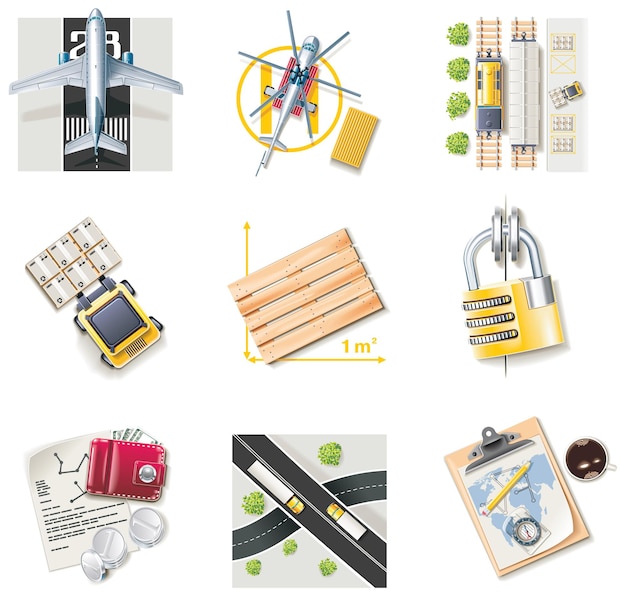 Vector conjunto de iconos que representan el transporte de carga y el negocio logístico