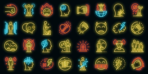 Conjunto de iconos de rabia. Esquema conjunto de iconos de vector de rabia color neón en negro