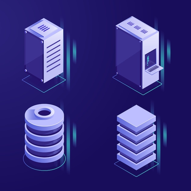 Vector conjunto de iconos de rack y base de datos de servidor, elementos de tecnología digital