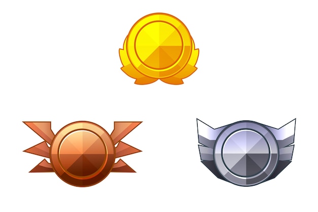 Conjunto de iconos de rango de juego aislados Botones de insignias de juego de plata y oro de bronce en marco de círculo