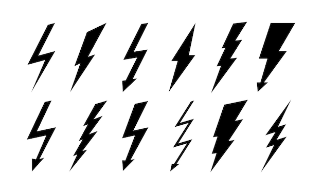 Conjunto de iconos de rayos y relámpagos Iconos simples vectoriales en estilo plano Siluetas de relámpagos aisladas sobre fondo blanco
