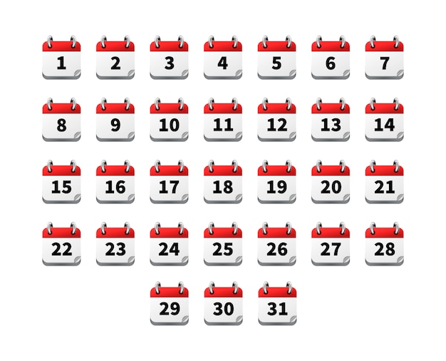 Conjunto de iconos realistas brillantes de calendario con fechas aisladas en blanco