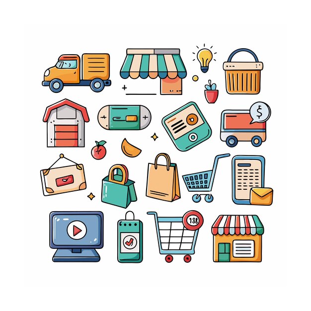 Conjunto de iconos realistas de compras y comercio electrónico