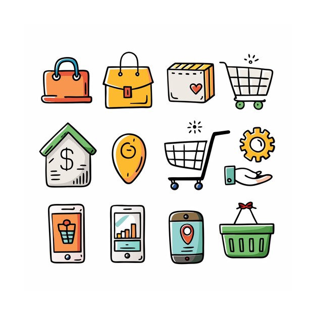 Conjunto de iconos realistas de compras y comercio electrónico
