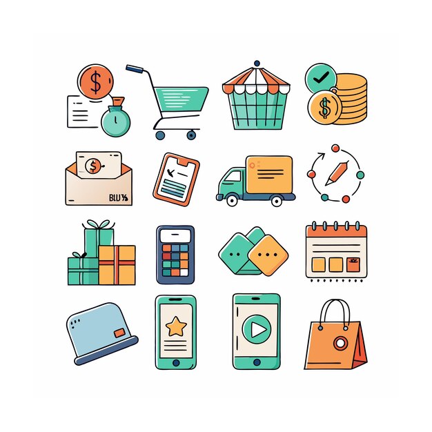 Conjunto de iconos realistas de compras y comercio electrónico
