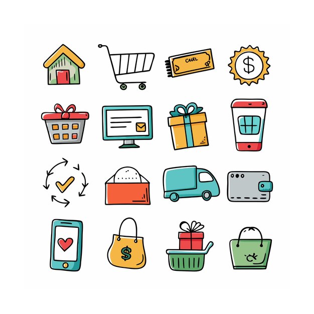 Conjunto de iconos realistas de compras y comercio electrónico